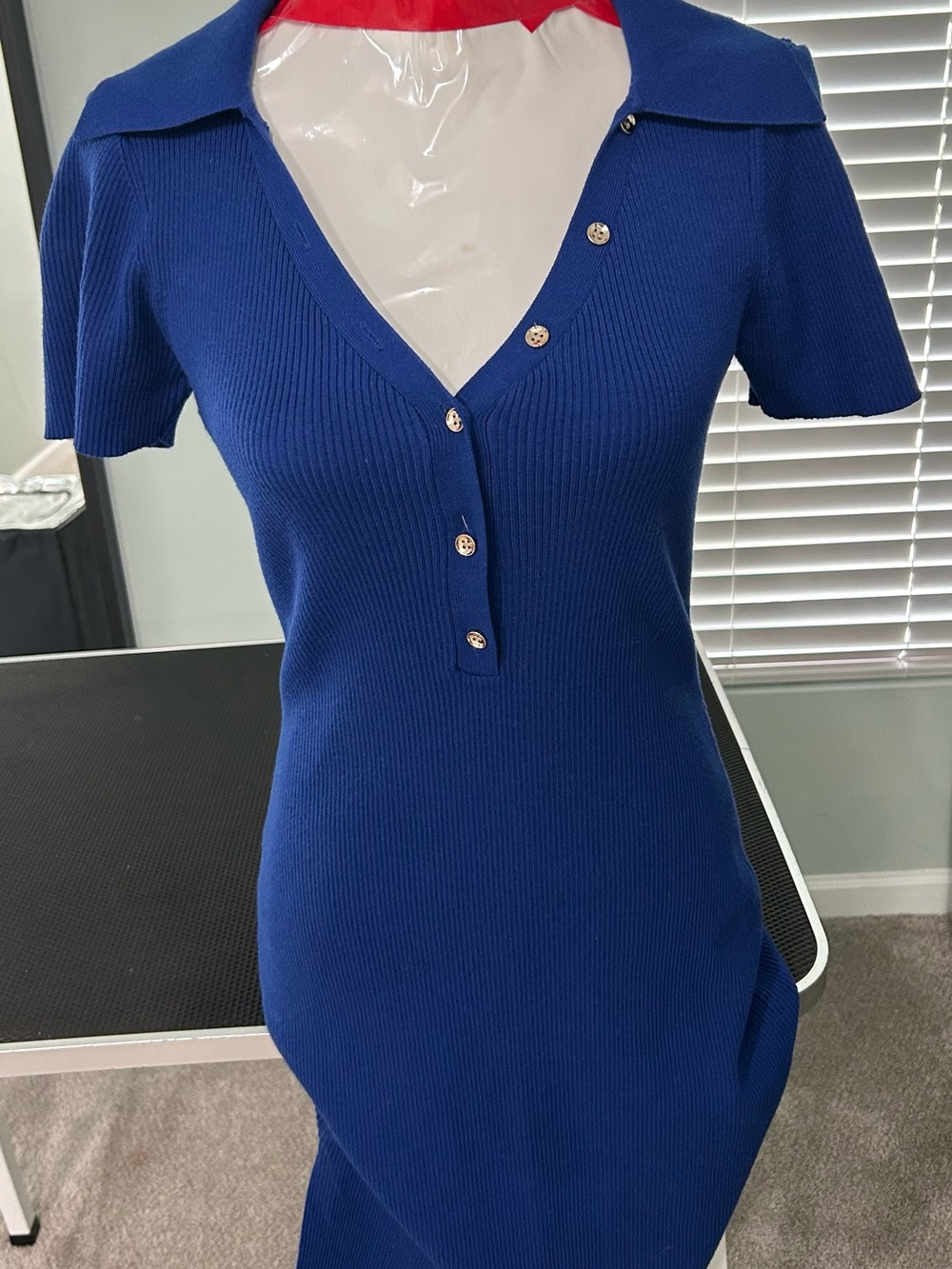 Alexia Admor Royal Blue Ribbed Polo Midi Dress with Buttons